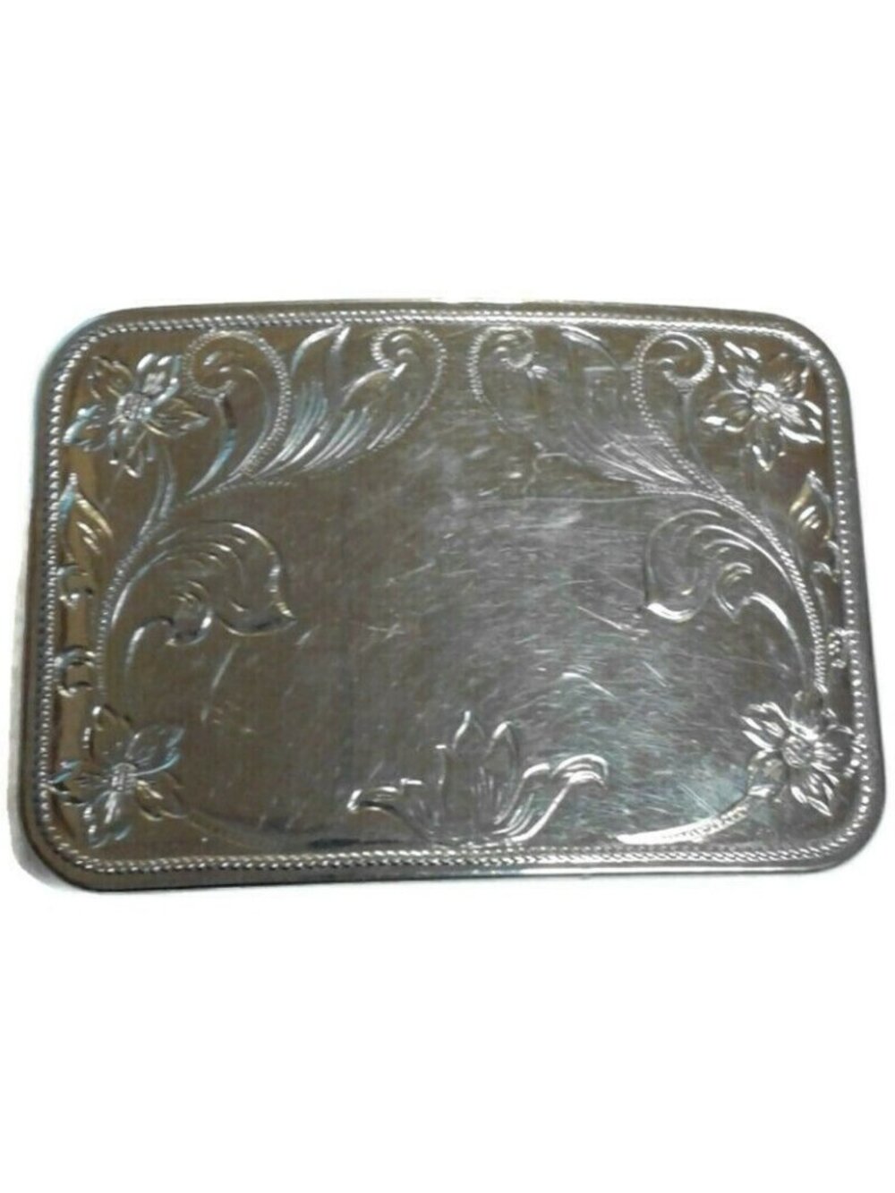 Vintage Silver-Tone Floral Engraved Western Belt Buckle Rectangular Design